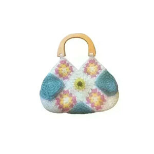 Boho crocheted flower handbag with wooden handles